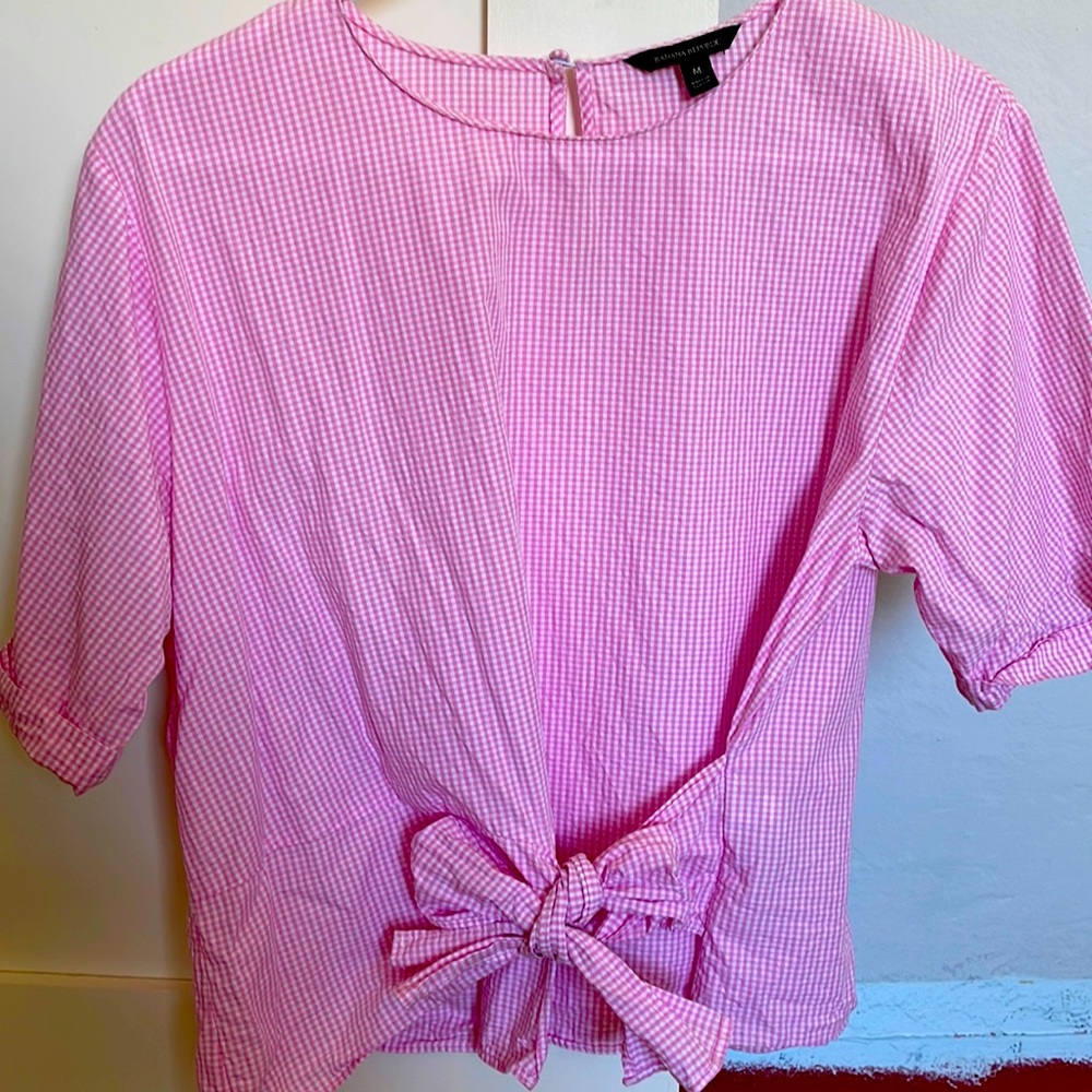 Pink gingham tie front short sleeve blouse